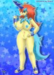 anthro anthrofied areola big_breasts blue_background blue_body blue_fur blue_horn blue_nipples breasts female frutiger_metro fur genitals hair hand_on_hip horn huge_breasts long_hair looking_at_viewer nipples nude open_mouth outline pattern_background pokemorph pussy red_hair simple_background smile solo star star-shaped_background text thick_thighs tongue wide_hipped_anthro wide_hipped_female wide_hips y2k_(graphic_design) yellow_body yellow_fur shinn mythology nintendo pokemon equid equine generation_5_pokemon keldeo keldeo_(resolute_form) legendary_pokemon mammal mythological_creature mythological_equine pokemon_(species) unicorn 2016 blue_theme cool_colors english_text full-length_portrait hi_res portrait