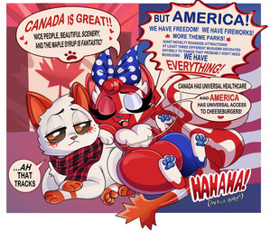 accessory ambiguous_gender american_flag blue_nose blue_pawpads boasting border bow_ribbon brown_sclera canadian_flag clothing crossed_arms dialogue duo eyelashes eyes_closed fangs female feral footprint freckled_face freckles fur hair hair_accessory hair_bow hair_ribbon heart_symbol inner_ear_fluff looking_aside lying makeup maple_leaf markings mascara multicolored_body multicolored_fur on_another on_front orange_eyes pattern_clothing pattern_scarf pawpads pawprint plaid plaid_clothing plaid_scarf polka_dots red_body red_fur red_hair ribbons scarf star_(marking) star_symbol striped_markings striped_tail stripes tail tail_markings teeth text tuft united_states_of_america white_body white_border white_fur unknown_artist summurr_murrica domestic_cat felid feline felis mammal english_text hi_res