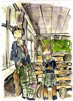3_fingers anthro bodily_fluids bottomwear chair chalkboard classroom clock clothed clothing crying day detailed_background duo female fingers fully_clothed furniture hair information_board inside love_letter male necktie open_mouth pants school size_difference skirt standing table tears uniform mutsukemo canid canine mammal colored hi_res traditional_media_(artwork)
