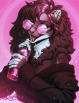 anthro beverage blue_eyes brown_body brown_fur brown_hair bubble_tea cardigan clothed clothing drinking ear_piercing eyewear fangs female fur glasses gradient_background hair looking_at_viewer mane mane_hair nails neck_tuft open_mouth piercing pink_nose pink_tongue simple_background smile solo teeth tongue tuft white_body white_fur road~abelgeym felid feline mammal hi_res portrait