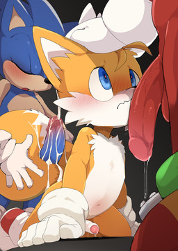 2_tails anthro biped black_nose blue_eyes bodily_fluids clothing cum dripping ejaculation erection fingers fluffy fluffy_tail foreskin fur genital_fluids genitals glans gloves group handwear humanoid_genitalia humanoid_penis kemono leaking_precum male male/male multi_tail multicolored_tail open_mouth orange_body orange_fur orange_tail penis precum precum_drip red_body sex tail tail_around_penis tail_fetish tail_play tail_sex tailjob tongue trio white_body white_fur white_tail young young_anthro young_male manmosu_marimo sega sonic_the_hedgehog_(series) knuckles_the_echidna miles_prower sonic_the_hedgehog canid canine eulipotyphlan fox hedgehog mammal