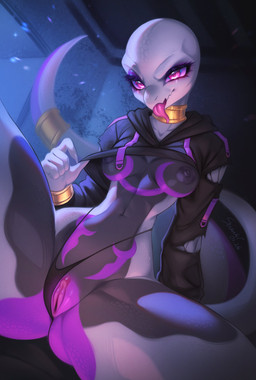 accessory anthro breasts clothed clothing clothing_aside eyeliner eyeshadow female front_view furgonomics genitals gold_(metal) gold_jewelry gold_necklace hoodie jewelry makeup mascara necklace nipples non-mammal_breasts non-mammal_nipples purple_eyes purple_eyeshadow raised_clothing raised_hoodie raised_topwear scales small_waist solo spread_legs spreading tail tail_accessory tail_jewelry thong thong_aside tongue tongue_out topwear underwear underwear_aside vulva white_body white_scales shenki nintendo pokemon generation_7_pokemon pokemon_(species) reptile salazzle scalie shiny_pokemon absurd_res hi_res