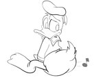 anthro beak bottomless bow_tie butt clothed clothing embarrassed fart feathers looking_back male musical_note musical_symbol rear_view sitting solo symbol tail tail_feathers gassyfelix disney donald_duck anatid anseriform avian bird duck digital_media_(artwork) line_art monochrome