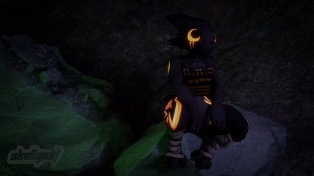 ambiguous_gender anthro black_body black_fur bone bottomless bottomless_anthro bulletproof_vest cave clothed clothing fur leg_wraps markings on_rock orange_markings rock sitting sitting_on_rock skeleton solo wraps skvllycat akittu_(modeler) casualties:_unknown expie_(gunsawian) gunsawian 16:9 2026 3d_(artwork) 3d_animation animated blender_(artwork) digital_media_(artwork) hi_res loop short_playtime signature sound video widescreen