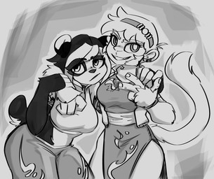 anthro black_body black_fur breasts clothed clothing duo female fluffy fluffy_tail fur multicolored_body multicolored_fur open_mouth open_smile simple_background smile tail teeth two_tone_body two_tone_fur white_body white_fur hijackerdraws bear giant_panda haplorhine mammal monkey primate monochrome