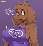 2_horns abstract_background anthro apron big_breasts blush breasts brown_body brown_fur clothing dialogue eyebrows eyelashes female floppy_ears fur horn mature_female open_mouth open_smile side_boob smile solo text cherrypix undertale_(series) toriel boss_monster_(undertale) bovid caprine goat mammal 2025 absurd_res artist_name english_text hi_res