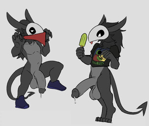 anthro big_ears big_penis blep bodily_fluids casual_exposure clothed clothing erection flaccid food footwear footwear_only genital_fluids genitals hair half-erect kerchief leaking_precum long_hair male mask mostly_nude neck_tuft penis popsicle precum rabbit_ears shoes shoes_only small_but_hung solo spade_tail tail tongue tongue_out tuft smokeyocity demon imp