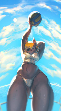 anthro ball bangs bent_arm bikini black_eyes black_nose blonde_hair blue_sky breasts brown_body brown_fur closed_smile clothed clothed_anthro clothed_female clothing cloud day eyelashes female fingers fully_clothed fully_clothed_anthro fully_clothed_female fur hair hand_behind_head holding_volleyball light looking_at_viewer looking_down looking_down_at_viewer low-angle_view medium_breasts mouth_closed navel net outside sky smile smiling_at_viewer solo summer sun swimwear two-piece_swimsuit volleyball_(ball) volleyball_net white_bikini white_clothing white_swimwear mskend_a felid feline mammal 2024 colored digital_drawing_(artwork) digital_media_(artwork) english_description hi_res lighting portrait shaded three-quarter_portrait