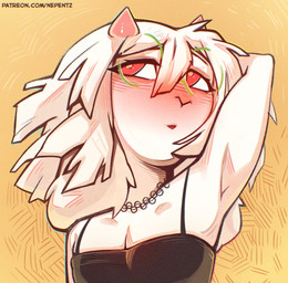 anthro big_ears biped blush clothed clothing dress eyebrows eyewear femboy floppy_ears fur glasses hair horn male open_mouth pink_horn red_eyes simple_background solo standing white_body white_fur white_hair yellow_background nepentz deltarune undertale_(series) ralsei bovid caprine goat mammal absurd_res hi_res