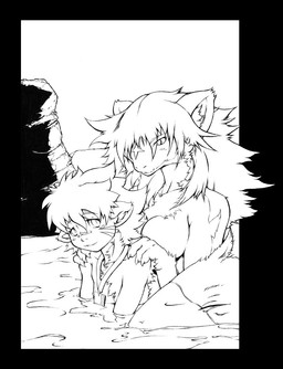 age_difference anthro bath breasts chest_tuft claws duo fangs female fur larger_female male male/female nude older_female open_mouth size_difference smaller_male teeth tuft water young younger_male dktorzi king_of_thorn katherine_turner timothy_laisenbach avian bird felid mammal monochrome