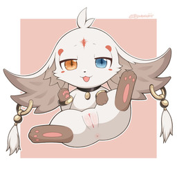 anthro anus big_ears biped blush blush_stickers brown_body brown_fur cheek_tuft chibi collar_tag ear_piercing ear_ring facial_markings facial_tuft feet female female_anthro forehead_markings front_view fur fur_tuft genitals half-closed_eyes handpaw head_markings head_tuft heterochromia hindpaw inner_ear_fluff innie_vulva markings multicolored_body multicolored_fur narrowed_eyes paws piercing ring_piercing semi-anthro solo tuft two_tone_body two_tone_fur vulva white_body white_fur zyuuniie kuro_games wuthering_waves abby_(wuthering_waves) 1:1 2026 absurd_res cel_shading digital_drawing_(artwork) digital_media_(artwork) hi_res shaded