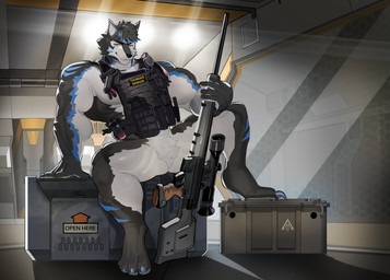anthro bareback big_muscles big_pecs black_body black_fur black_nose blue_body blue_claws blue_fur claws clothing fingers fluffy fluffy_tail fur male muscular muscular_anthro muscular_male pecs solo tail text tuft underwear walking white_body white_fur yellow_eyes n-art thunderrangers archermagnum canid canine canis mammal wolf absurd_res digital_media_(artwork) english_text hi_res