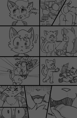 anthro blush briefs clothing duo genitals male male/male oral penis penis_in_mouth underwear undressing undressing_another young young_male milowo felid feline mammal hi_res monochrome