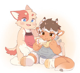 anthro apron apron_only balls bib blue_eyes blush bottomless cake casual_exposure clothed clothing crotch_cutout crotchless_clothing cutout dessert duo eating eating_food flaccid food footwear foreskin fur genitals headpat horn ineffective_clothing kneeling male multicolored_body multicolored_fur overalls penis simple_background sitting small_penis smile social_nudity socks white_background yellow_eyes young young_anthro young_male lang_yus mythology dragon felid feline furred_dragon furred_scalie mammal mythological_creature mythological_scalie scalie colored hi_res