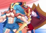 anthro anthrofied bottomwear bulge clothing duo fur hair holding_melee_weapon holding_object holding_sword holding_weapon looking_at_viewer male melee_weapon muscular pokemorph shorts simple_background sword weapon ryulabo sonizing88 nintendo pokemon canid canine crowned_shield_zamazenta crowned_sword_zacian generation_8_pokemon legendary_pokemon mammal pokemon_(species) zacian zamazenta 2019