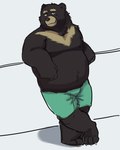 anthro belly black_body black_fur black_nose bottomwear clothing fur male overweight overweight_anthro overweight_male shorts solo lentejota6 bear mammal 2021 4:5 hi_res