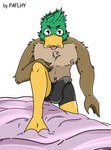 anthro arm_on_leg aroused avian_feet beak bed body_hair bulge clothed clothing erection erection_under_clothing feathers fur furniture hair hand_on_leg happy_trail imminent_sex looking_at_viewer male muscular nipples on_bed pose solo standing tongue tongue_out underwear torinohito anas anatid anseriform avian bird dabbling_duck duck mallard hi_res