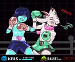 anthro blue_body blue_skin bottomwear boxing boxing_gloves clothing duo eyewear fighting_ring fur gameplay_mechanics geometric_background glasses grid_background gui hair hair_over_eyes handwear head_tuft health_bar horn male mouthguard navel pattern_background punch scarf shorts simple_background sport tuft white_body white_fur dcheese deltarune undertale_(series) kris_(deltarune) ralsei bovid caprine goat human mammal monster 2022 digital_media_(artwork) hi_res