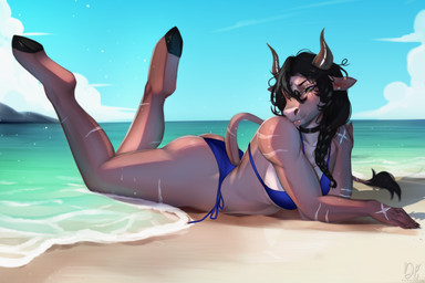 anthro beach bikini claws clothing female hair horn looking_at_viewer lying on_front sand smile solo swimwear tail tail_tuft tuft two-piece_swimsuit water bambudess bovid bovine mammal hi_res