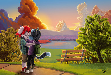 anthro anthro_on_anthro backpack bench black_body black_fur black_hair black_nose blue_body blue_clothing blue_fur blue_hair blue_topwear clothed clothing cloud day duo ears_back eyes_closed footwear fur green_backpack hair hand_on_cheek hand_on_shoulder kissing lake male male/male male_anthro multicolored_hair outside pivoted_ears plant purple_clothing purple_topwear red_clothing red_footwear red_hair red_shoes shoes standing sunset topwear tree two_tone_hair white_body white_fur young young_anthro young_male pandapaco domestic_cat felid feline felis lagomorph leporid mammal rabbit detailed