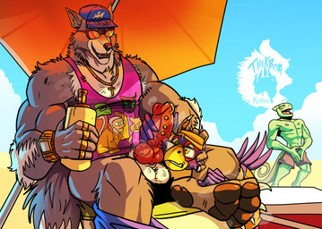 animal_genitalia animal_penis anthro armpit_hair balls beach beach_chair beach_umbrella blush bodily_fluids body_hair bottomwear bottomwear_down canine_genitalia canine_penis claws clothed clothing cross cross_necklace erection eyewear frenum_ladder frenum_piercing genital_piercing genitals glasses group hat headgear headwear holding_object holding_penis jewelry knot knotted_penis ladder_piercing male male/male male_anthro musk musky_armpit musky_feet musky_penis necklace no_underwear pants pants_down parasol partially_clothed penis penis_on_face penis_piercing piercing prince_albert_piercing pubes ring_piercing shirt sunglasses sweat tail tank_top topwear trio vein veiny_penis wearing_glasses thekinkybear nintendo star_fox falco_lombardi leon_powalski wolf_o'donnell avian bird canid canine canis chameleon lizard mammal reptile scalie wolf hi_res