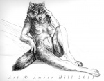 anthro breasts female looking_at_viewer navel nipples reclining solo text amber_hill canid canine canis mammal wolf 2011 english_text monochrome