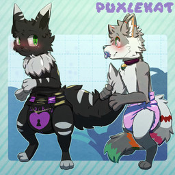 anthro black_diaper clothed clothing diaper duo fluffy fluffy_tail fur locked_diaper object_in_mouth pacifier pacifier_in_mouth tail wearing_diaper puxlekat nintendo pokemon domestic_cat eevee felid feline felis generation_1_pokemon mammal pokemon_(species) 1:1 hi_res