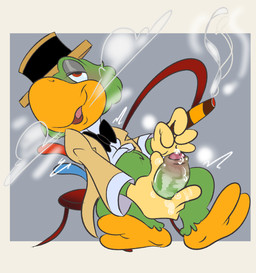 2_toes 4_fingers anthro beak black_bow_tie blowing_smoke bodily_fluids border bottomless bow_tie cigar clothed clothing dripping erection feathers feet fingers foreskin genital_fluids genitals glans green_body green_feathers green_penis grey_background half-closed_eyes hat headgear headwear holding_cigar holding_object humanoid_genitalia humanoid_penis male masturbation narrowed_eyes open_mouth penile penile_masturbation penis pink_glans precum precum_drip precum_on_hand precum_on_penis red_eyes simple_background smoking solo toes tongue white_border cjzilla88 disney jose_carioca avian bird parrot 2022
