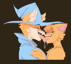 anthro blue_clothing blue_coat blue_topwear blush blush_lines bodily_fluids brown_body brown_fur clothing coat duo french_kissing fur hat headgear headwear kissing licking_tongue looking_pleasured making_out male male/male multicolored_body multicolored_fur red_eyes saliva saliva_on_tongue saliva_string scar sharp_teeth teeth tongue tongue_out topwear wizard_hat yellow_body yellow_fur anic_(artist) megabonk fox_(megabonk) canid canine domestic_cat felid feline felis fox mammal hi_res