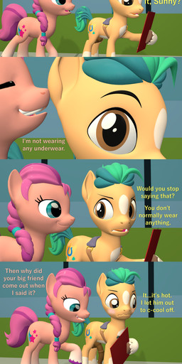 4_panel_comic animal_genitalia animal_penis annoyed balls blush clipboard dialogue duo embarrassed equine_genitalia equine_penis erection female feral genitals male male/female nude penis sheath teasing text whispering papadragon69 hasbro mlp_g5 my_little_pony hitch_trailblazer_(mlp) sunny_starscout_(mlp) earth_pony equid equine horse mammal pony 3d_(artwork) absurd_res comic digital_media_(artwork) english_text hi_res source_filmmaker_(artwork)