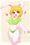 anthro big_breasts blonde_hair blush blush_lines breasts cleavage clothed clothing colored_nails cotton_tail eyelashes female fur green_clothing green_nails green_panties green_topwear green_underwear hair hand_on_face looking_at_viewer nails navel nipple_outline on_one_leg open_mouth open_smile panties red_eyes simple_background smile solo standing tan_background thick_thighs topwear underwear white_body white_fur wide_hips zexlynk one_piece carrot_(one_piece) lagomorph leporid mammal rabbit 2:3 absurd_res hi_res