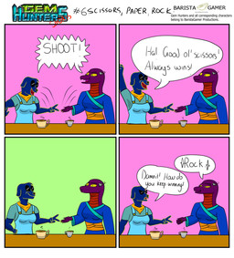 anthro beverage blind clothing cochlear_implant_processor coffee coffee_mug deaf dialogue disability duo eyewear female overalls rock_paper_scissors scarf simple_background sunglasses text baristagamerproductions ada_(gem_hunters) queenie_(gem_hunters) canid canine mammal reptile scalie snake absurd_res comic english_text hi_res