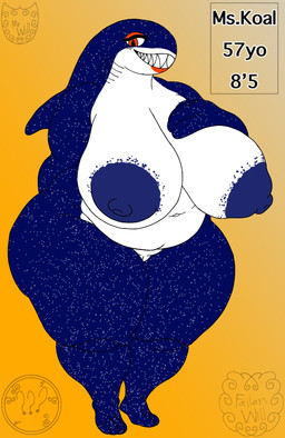 anthro areola blue_areola blue_body blue_nipples body_pattern female nipples nude orange_eyes orange_eyeshadow orange_lipstick sharp_teeth solo teeth white_body cptwill64_(artist) ms.koal animal_humanoid carpet_shark fish fish_humanoid humanoid marine marine_humanoid shark whale_shark hi_res