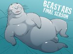 anthro belly flaccid genitals grey_body lying male moobs nipples nude on_side overweight penis pupils slit_pupils smile solo whiskers wantaro beastars sagwuan_(beastars) mammal marine pinniped seal