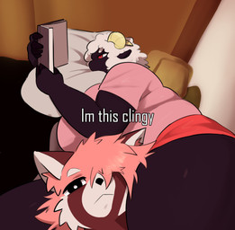 anthro big_breasts black_body book breasts clothed clothed_anthro clothed_female clothing duo female female_anthro fur hair hair_over_eye head_between_thighs holding_book holding_object horn huge_breasts lying mouth_closed on_side one_eye_obstructed orange_hair pillow pink_clothing pink_shirt pink_topwear reading reading_book red_eyes shirt smile text thick_thighs topwear white_body white_fur white_sclera white_text white_wool wool_(fur) wool_hair samirachuni bovid caprine mammal sheep 2025 absurd_res digital_drawing_(artwork) digital_media_(artwork) english_text hi_res