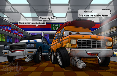 alcohol beer beverage beverage_can blue_body blue_eyes brown_eyes car convenience_store cruising detailed_background duo erection genitals holding_object imminent_sex looking_at_viewer machine male not_furry open_mouth orange_body penile penis public public_erection public_exposure public_nudity rust seductive smile speech_bubble store text vehicle carsphilic chevrolet chevrolet_caprice corona_(beer) ford ford_f250 miller_high_life_(beer) chuck_(casrphilic) james_(carsphilic) dire_car dire_machine dire_vehicle living_car living_machine living_vehicle detailed digital_media_(artwork) english_text hi_res