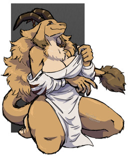 anthro barefoot big_breasts big_hair big_waist breasts feet female floppy_ears hair horn ring simple_background smile solo suggestive tail tugging_clothing zimakum dungeons_and_dragons hasbro wizards_of_the_coast ida_(ceehaz) bovid caprine goat mammal colored_sketch hi_res sketch