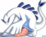 2019 3_toes animal_genitalia big_penis blush bodily_fluids digital_media_(artwork) erection feet feral generation_2_pokemon genital_fluids genitals hi_res huge_penis legendary_pokemon looking_at_viewer lugia male nintendo penile_spines penis pokemon pokemon_(species) precum secrets-from-dark simple_background solo sweat tail toes white_background wings