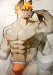 abs anthro areola brown_body brown_fur bulge clothing detailed_bulge fur hair jockstrap looking_at_viewer male muscular muscular_anthro muscular_male solo tail towel underwear wet wet_body wet_fur pu94_d1de4c hyena mammal 2023 absurd_res hi_res