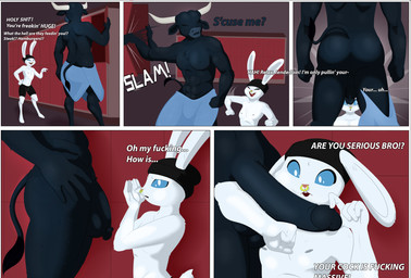 abs anthro balls big_balls big_penis blue_eyes body_worship butt chest_tuft dialogue duo facial_piercing genital_worship genitals horn locker_room male male/male measuring measuring_penis mostly_nude muscular nipples nose_piercing nose_ring penile penis penis_worship piercing presenting presenting_penis rabbit_ears raised_hands ring_piercing slim tail towel tuft villegreen bovid bovine cattle lagomorph leporid mammal rabbit comic hi_res