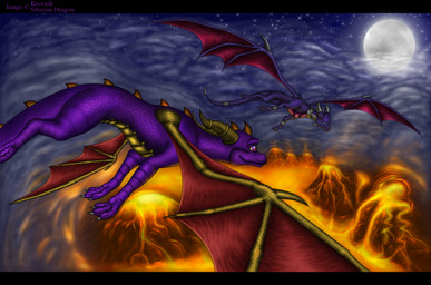 6_horns accessory arm_markings armlet big_wings black_bars blade cloud countershading detailed_scales duo facial_markings female female_feral feral flying forehead_markings furgonomics head_markings horn horn_sheath jewelry long_neck long_snout long_tail magenta_wings male male_feral markings moon multi_horn neck_spikes night purple_body purple_scales quadruped red_wings ring scales shoulder_markings snout tail tail_accessory tail_blade tail_jewelry tail_ring volcano weapon_tail wing_blade wings yellow_body yellow_countershading yellow_scales archspirigvit krovash activision european_mythology mythology spyro_the_dragon cynder spyro dragon mythological_creature mythological_scalie scalie western_dragon 2011 artist_collaboration detailed english_description hi_res russian_description signature