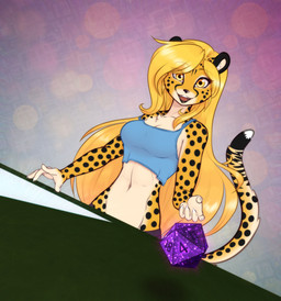 5_fingers amber_eyes anthro blonde_hair breasts claws clothed clothing d20 dice female fingers fur hair long_hair markings open_mouth open_smile smile solo spots spotted_body spotted_fur topwear scorpdk mihari cheetah felid feline mammal 2020 absurd_res digital_media_(artwork) hi_res