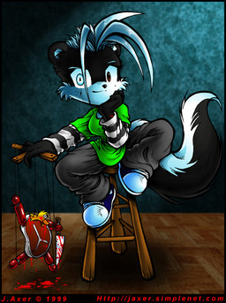 alternative_fashion anthro black_body black_fur black_nose blood bodily_fluids bottomwear cheek_tuft clothed clothing facial_tuft female fingers floor footwear fur furniture goth green_clothing green_shirt green_topwear grey_bottomwear grey_clothing grey_pants hand_on_chin heterochromia humanoid_hands knife looking_at_viewer multicolored_body pants puppet shadow shirt simple_background sitting solo stool tail text topwear tuft two_tone_body white_body white_fur wood wood_floor j_axer squik anatid anseriform avian bird duck mammal mephitid skunk 1999 digital_media_(artwork) url
