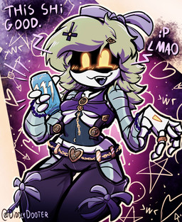 :3 >w< accessory alternate_costume alternative_fashion beads belly black_body black_bottomwear black_clothing blonde_hair blush blush_lines bottomwear bow_ribbon bracelet breasts chain christian_cross christian_symbol clothing crop_top cropped_tank_top cross cute_fangs earless egirl fangs female grey_body grey_hair grey_tongue hair hair_accessory hairclip heart_symbol hipless_clothing jewelry lmao long_hair machine metal metallic_body navel noseless open_mouth open_smile pants purple_clothing purple_topwear religion religious_symbol ring scene_(fashion) screen screen_face segmented_body sharp_teeth shirt simple_background small_breasts smile solo tank_top teeth text thick_thighs thigh_gap tongue tongue_out topwear under_boob unusual_anatomy white_body wide_hips yellow_eyes diddlydooter1 christianity glitch_productions monster_energy murder_drones cyn_(murder_drones) eldritch_abomination humanoid robot robot_humanoid worker_drone absurd_res artist_name digital_drawing_(artwork) digital_media_(artwork) hi_res signature