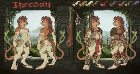 abs anthro armor balls bone bone_armor bottomwear brown_body brown_fur butt claws clothed clothing flaccid foreskin fur gauntlets genitals gloves greaves green_body green_fur handwear loincloth looking_back looking_forward macuahuitl male mane melee_weapon muscular muscular_anthro muscular_male navel nude nude_anthro nude_male partially_clothed pauldron pecs penis red_eyes solo spots stripes tail temple topwear weapon white_body white_fur momamo felid feline mammal 2025 absurd_res digital_media_(artwork) hi_res model_sheet