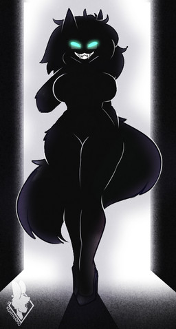 anthro big_breasts breasts clothing curvy_figure eyewear fangs fangs_bared female fluffy fluffy_tail footwear glasses glowing glowing_eyes high_heels hourglass_figure implied_nudity mature_female shadow shoes silhouette smile smiling_at_viewer solo tail teeth wearing_glasses wide_hips kdhynamo boss_(coffee_buns) canid canine canis mammal wolf