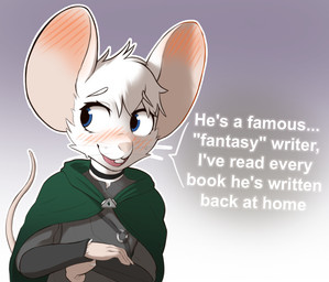 anthro blue_eyes blush blush_lines buckteeth cloak clothing ear_blush female fur green_cloak green_clothing side_eye solo tail teeth white_body white_fur yaravik mirin_(yaravik) mammal mouse murid murine rodent 2025