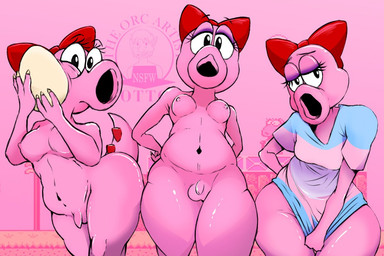 accessory anthro balls breasts clothing egg eyeshadow foreskin genitals gynomorph hair_accessory hair_ribbon intersex lgbt_pride makeup narrowed_eyes navel nude_gynomorph penis photo_background pink_body pride_colors ribbons shirt solo tail topwear transgender_pride_colors otto_nsfw mario_bros nintendo birdo_(character) birdo dinosaur prehistoric_species reptile scalie 3:2 mixed_media photography_(artwork) watermark trans_(lore) trans_woman_(lore)