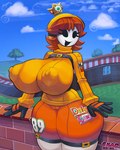 anthro areola_outline biped camel_toe clothing crown female hair headgear mask nipple_outline outside racetrack short_hair solo sweater text topwear snao mario_bros nintendo princess_daisy shyguy 2024 dated english_text hi_res signature