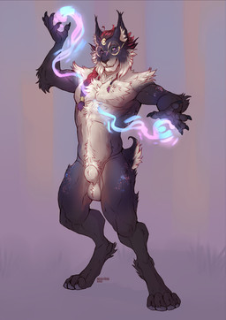 5_fingers animal_genitalia anthro arm_tuft balls body_hair braided_hair chest_tuft claws digitigrade ear_tuft elbow_tuft eyewear facial_markings finger_claws fingers forehead_markings fully_sheathed fur genitals glasses hair happy_trail head_markings looking_at_viewer magic magic_user male markings multicolored_body multicolored_fur nude nude_anthro nude_male paws purple_eyes sheath short_tail simple_background solo standing tail tuft wearing_glasses nebelviper renn_(anxy) felid feline lynx mammal 2025 digital_media_(artwork) full-length_portrait hi_res portrait